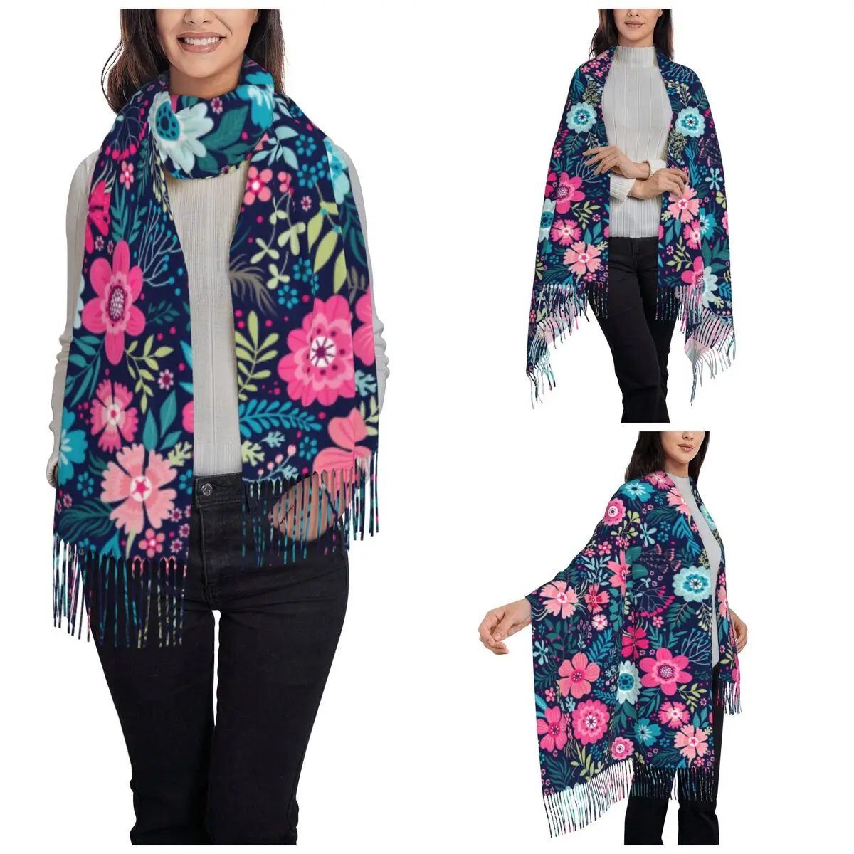 Cute Small Flowers Scarf for Women Warm Winter Shawls and Wrap Ditsy Floral Hawaii Style Long Scarves with Tassel Daily Wear