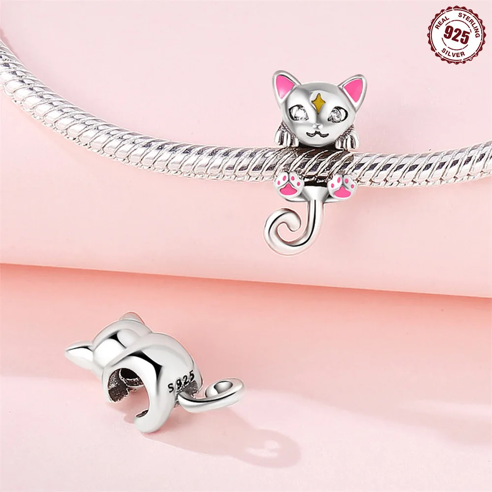 

Original S925 Sterling Silver Ins Pink Cute Cat Charms Bead Fit Bracelet Women DIY Fine Gift Accessory Valentine's Day Necklace