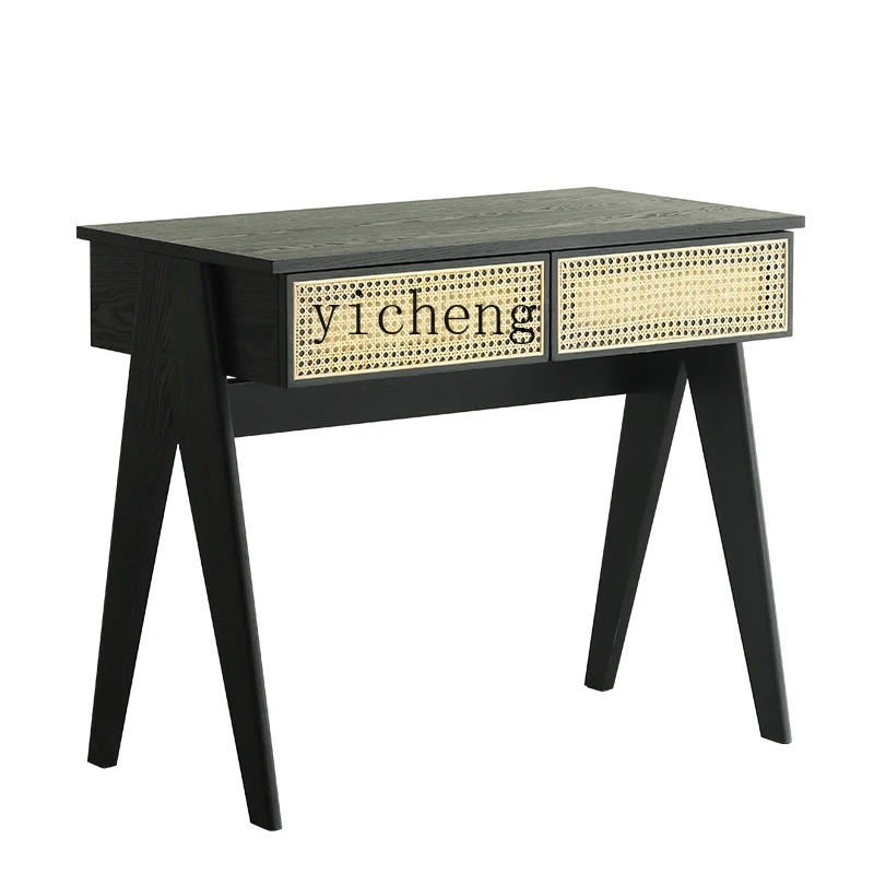

ZC Solid Wood Rattan Desk Simple Modern Study Table Desk with Drawer Bedroom Bedside Table Dressing Table