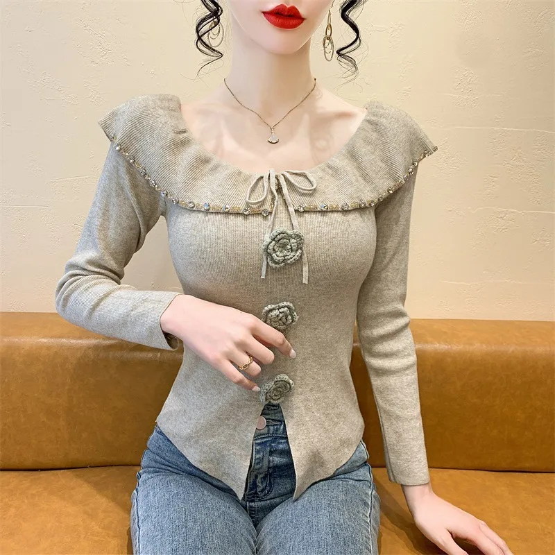 Elegant Flower rhinestone Knitted Sweaters Korean Gentle Slim Chic Neck Y2k Aesthetic Ins Solid Pullover Women