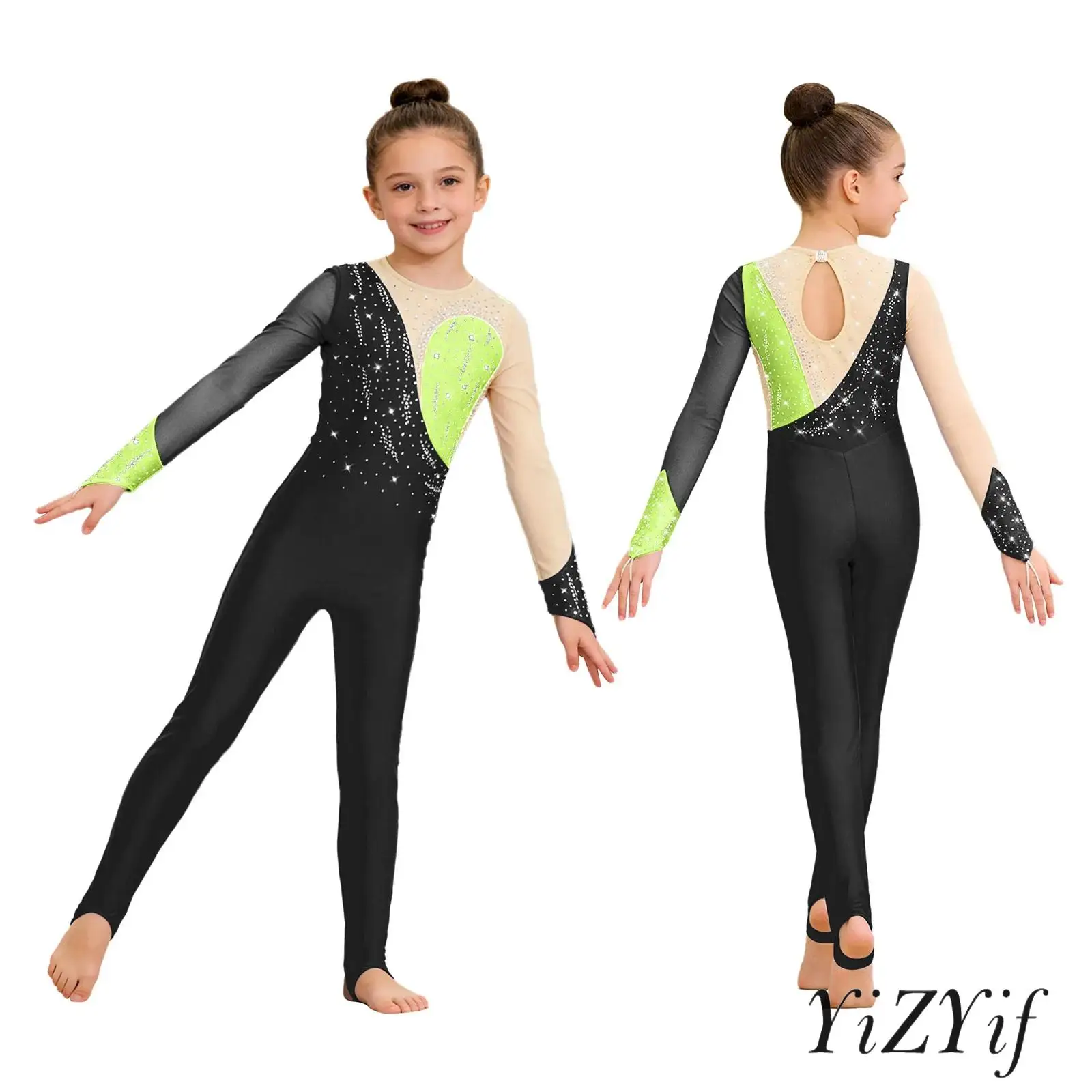 

Kids Girls Lyrical Figure Skating Dance Jumpsuit Long Sleeves Finger Holes Keyhole Back Bodysuit Ballet Dance Performance Outfit