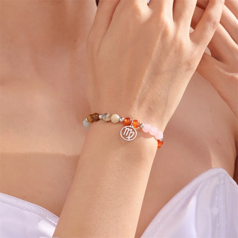 Minimalistische Bunte Naturstein-Perlenarmbänder für Damen und Herren, Modische Handgefertigte 12 Sternzeichen-Armbänder, Schmuck – Detail 8