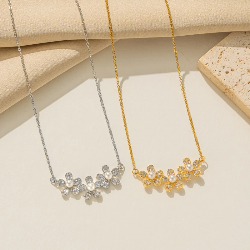 316L Stainless Steel New Fashion Fine Jewelry Japanese Style Zircon Pearl Flower Charm Chain Choker Necklaces Pendants For Women