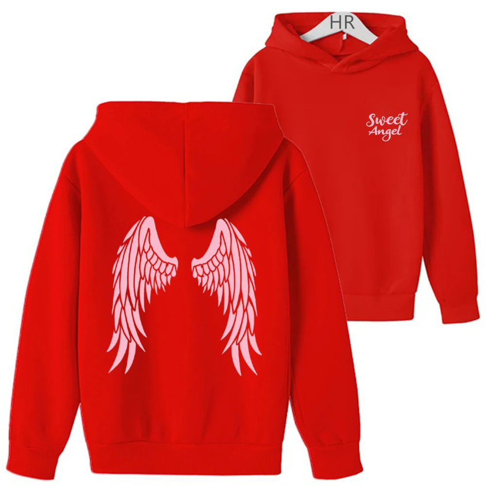 Red Girls Hooded Fashion Angel's Wings Print Tops Children's Hoodie Sweatshirt Boys Age 2-12 Spring Autumn Black Clothes