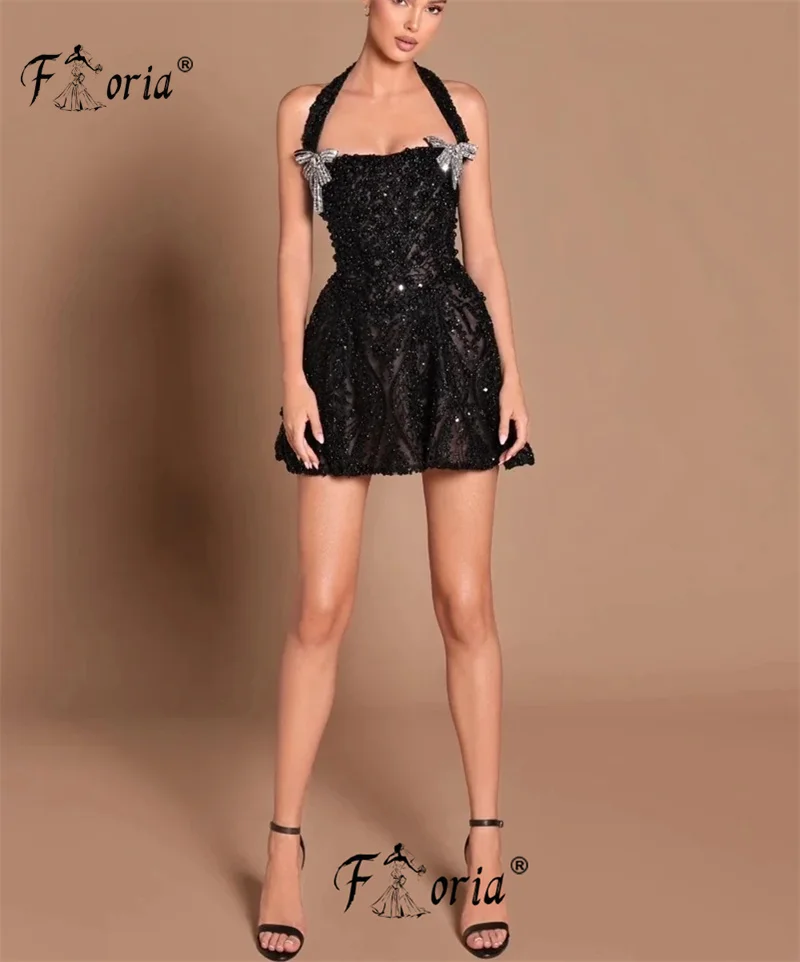 

Black Beaded Mermaid Cocktail Dress Halter Sleeveless Pearls Bow Mini Prom Dresses Short Woman Graduation Party Dress Customized