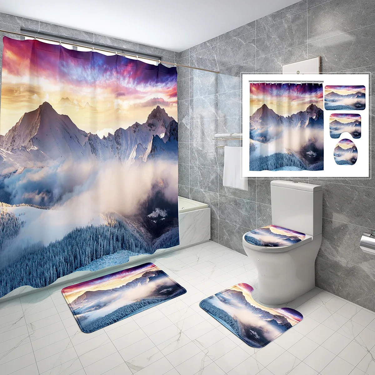 

Snow Mountain Shower Curtain Set Beautiful Natural Scenery Shower Curtain Non-Slip Bath Mat Toilet Lid Cover for Bathroom Decor