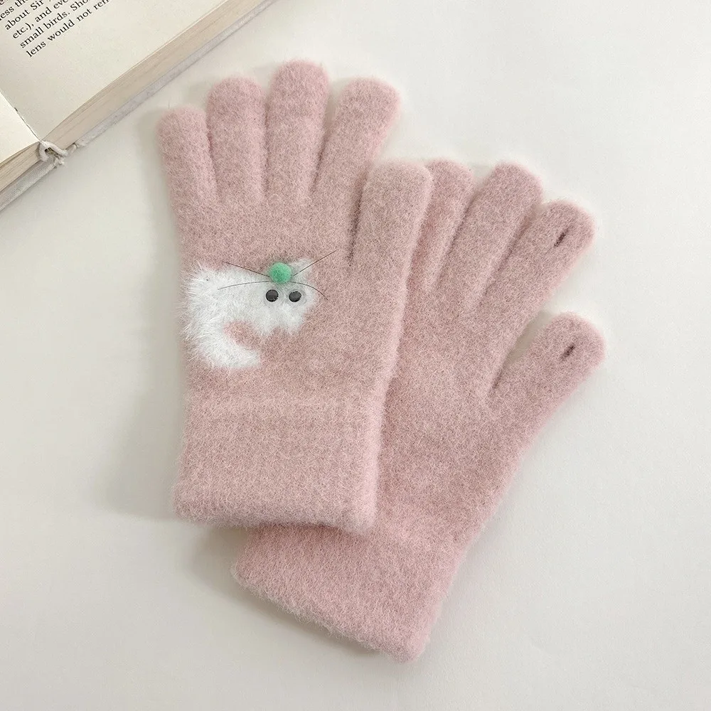 1 Pair New Warm Women's Winter Glove Thickened Faux Mink Fur Knitted Glove Knitted Stretchy Cute Cat Jacquard Glove Outings