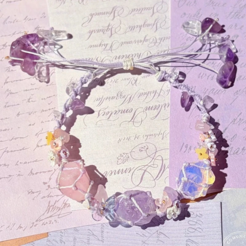 Purple Synthetic Crystal Adjustable Flower Wreath Bracelets Hand Woven Mesh Bag Bracelet Hand Rope Best Friend Couple