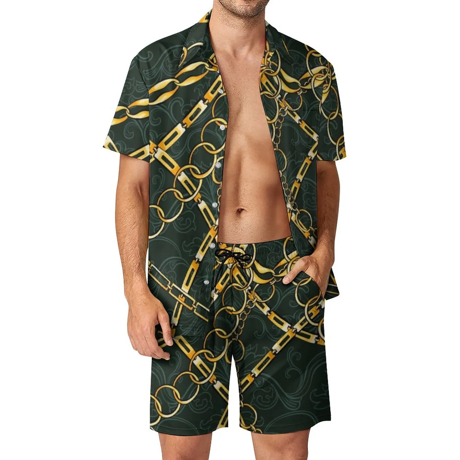 

Ювелирные изделия, золотые цепочки, мужские комплекты, крутая повседневная рубашка с золотым принтом, шорты с короткими рукавами и принтом, летний пляжный костюм, большие размеры