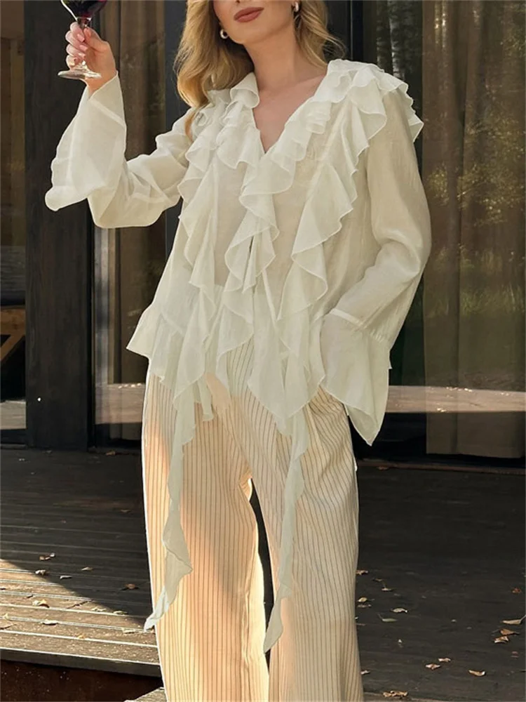 Tossy Ruffled Chiffon Casual Shirts Top Women's See-Through Loose Patchwork V-Neck Summer 2025 Pullover Solid Female Blouse Top