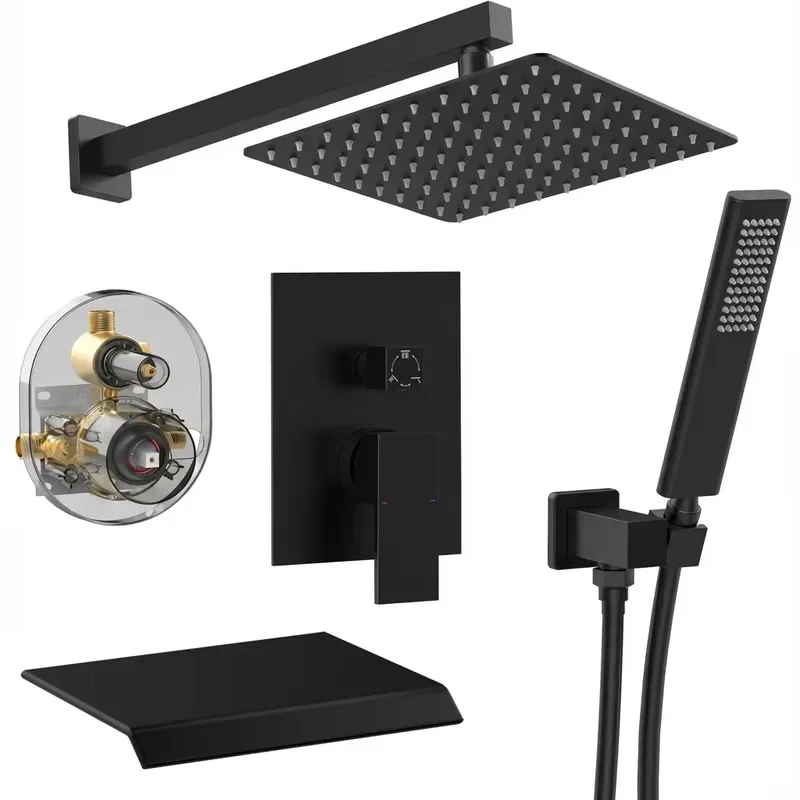 US Local Stock Matte Black 12-Inch Rain Shower Head System Handheld Sprayer Wall-Mounted Thermostatic Faucet Set Waterfall