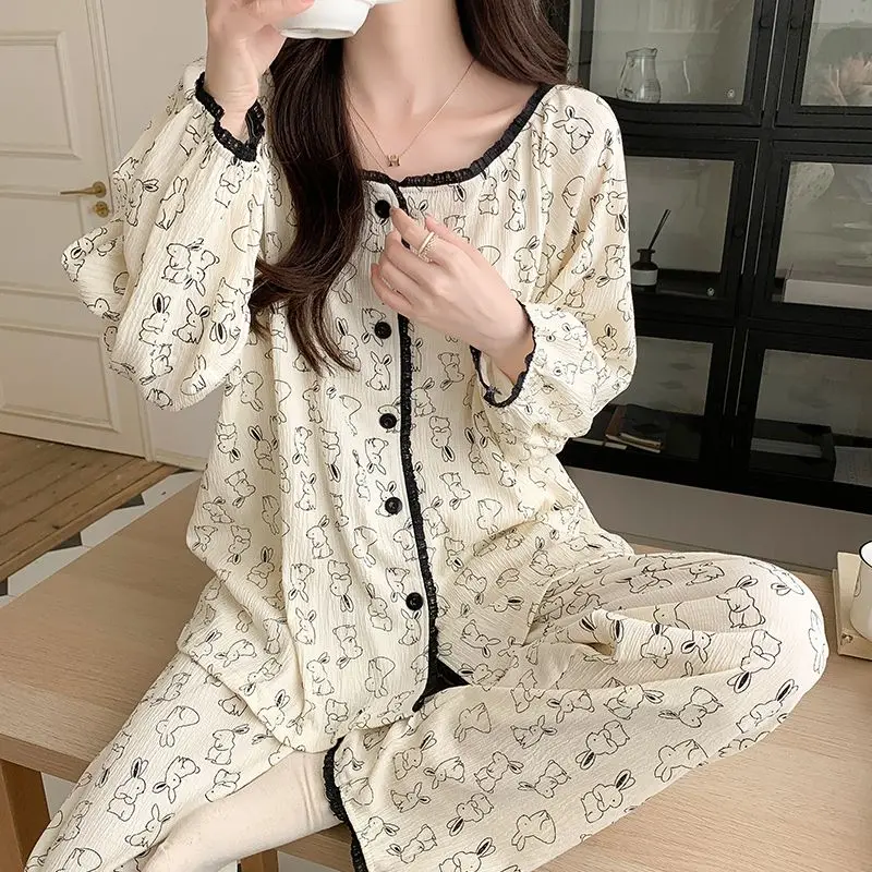 Floral Pajama Set 2024 Spring Autumn Student Long Sleeve Sweet Thin Sleepwear Women Large Size Casual Round Neck Homewear Suit