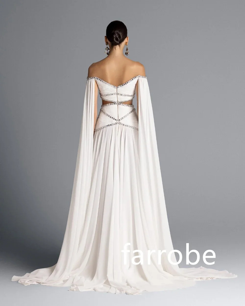 Abito da sera di lusso con mantella bianca personalizzata con spalle scoperte con strass, elegante abito da cerimonia nuziale فساتmavera