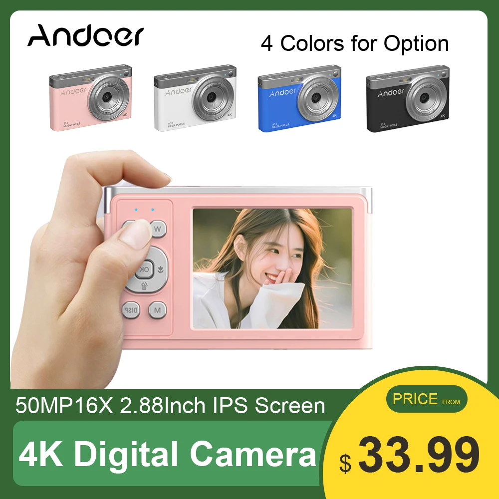 

Andoer 4K Digital Camera Video Camcorder 50MP Auto Focus 16X Zoom Anti-shake Face Detact Built-in Flash with Batteries Carry Bag