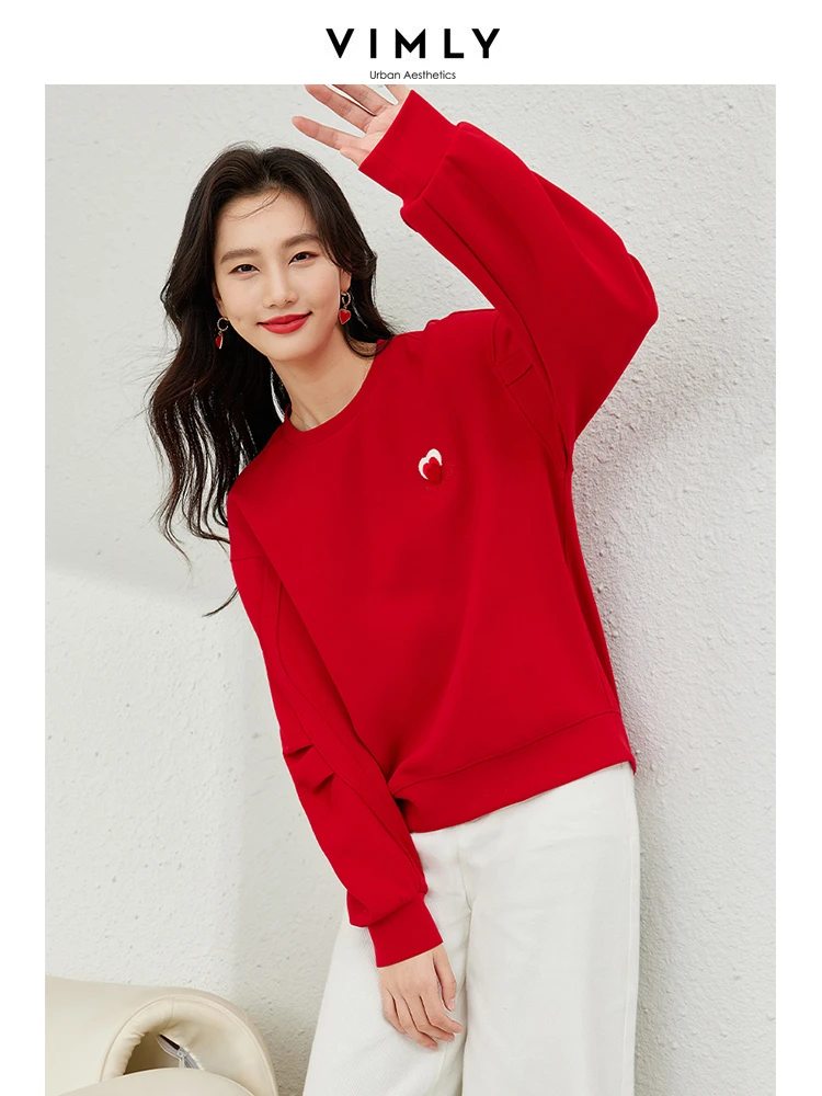 VIMLY-Sweat-shirt à col rond pour femme, haut à manches longues, pulls décontractés, broderie cœur, droit, automne, hiver, Y-M3 å