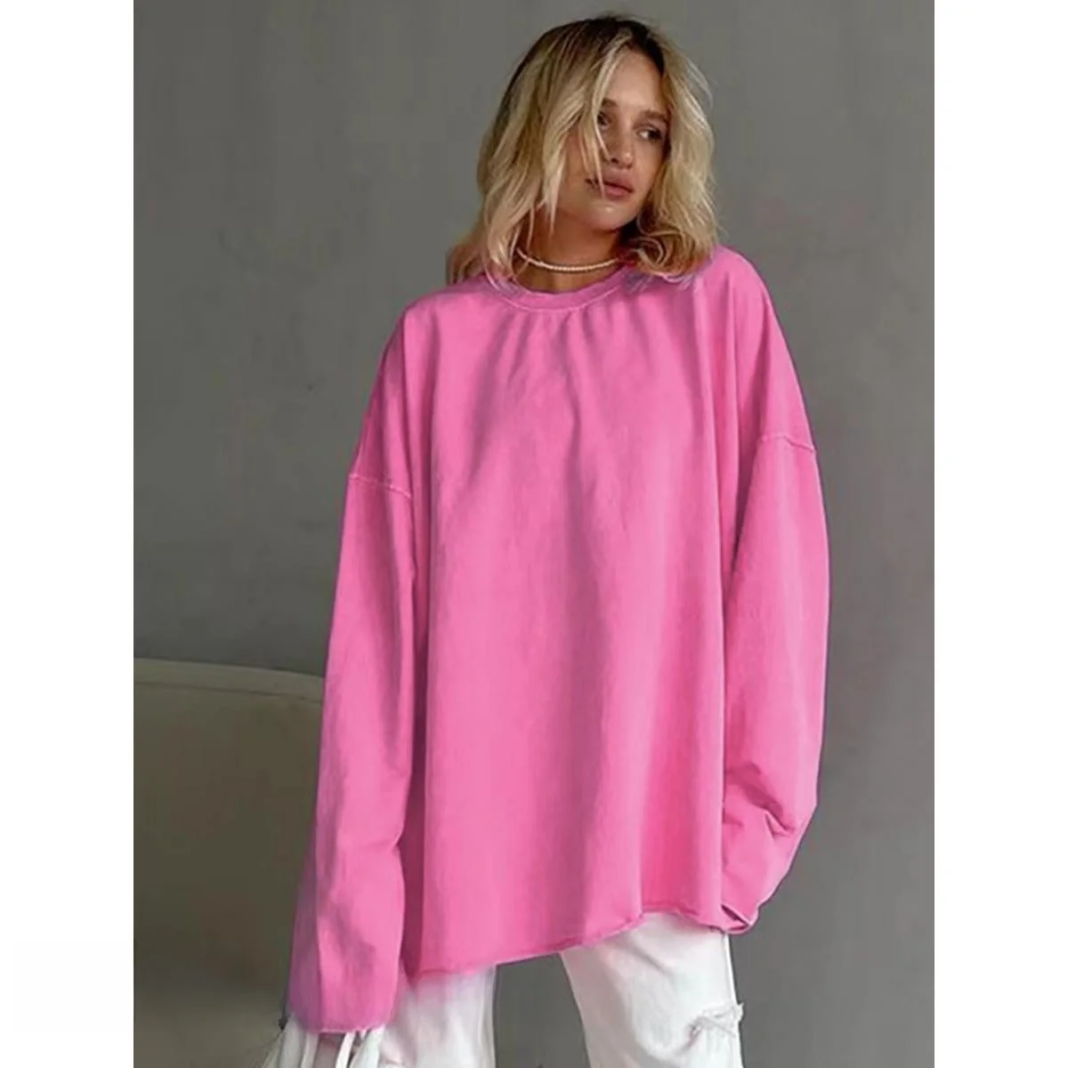 

Fashionable Loose Fit round Neck T-Shirt Elastic Long Sleeve Mid-Length Color Women's Premium T-Shirt