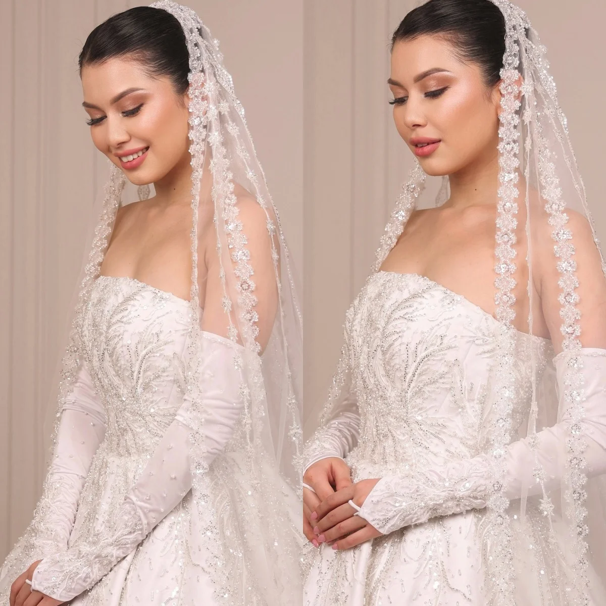 Personalizado branco elegante manga destacável vestido de casamento sem alças lantejoulas cristal festa de noiva rendas até voltar vestidos de noiva