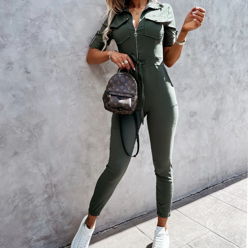 Rompers Women Long Pants One Piece Y2k High Waist Short Sleeve Elegant Jumpsuits V Neck Bodycon Khaki Overalls 2024 Summer