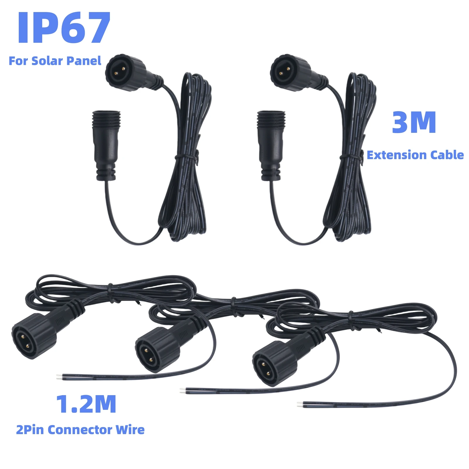 IP67 Male Led Connector 1.2M 2Pin Black Cable Waterproof Wire For Solar Panel 1/2/5/10/20PCS 3M Cord Extension Cable