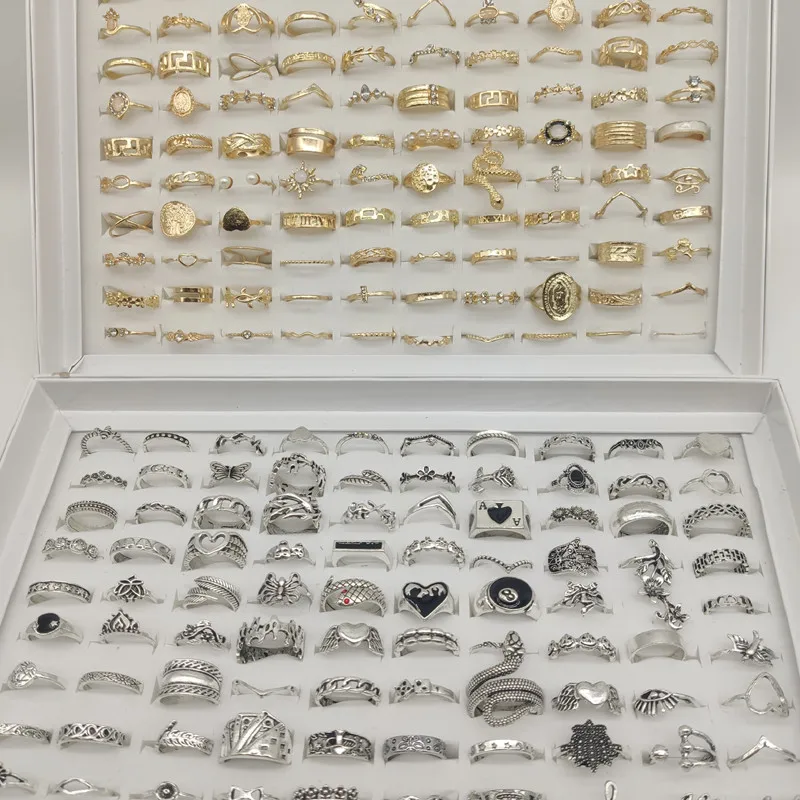 50/100pc/Lot Wholesale Vintage Black Enamel Big Finger Rings For Women Party Opal Pearl Open Adjust Snake Dice Card Flower Skull