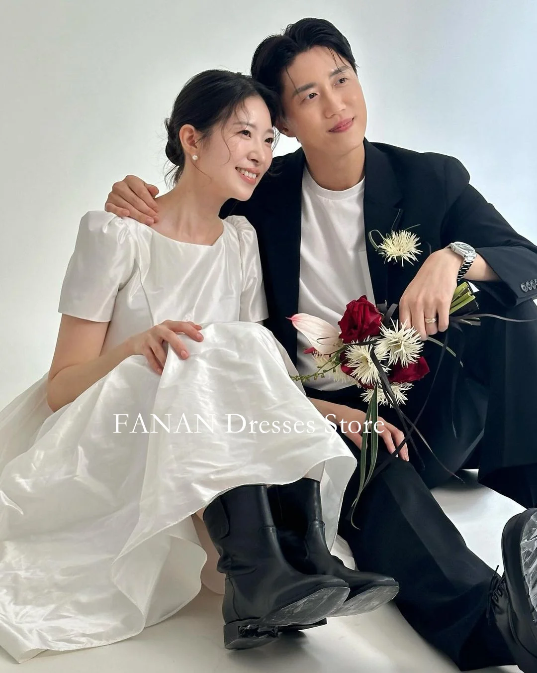 Fanan เกาหลี O-Neck ชุดแต่งงาน แขนสั้น Taffeta A-Line CUSTOM Made Ruched ถ่ายภาพชุดเจ้าสาว PLUS ขนาด