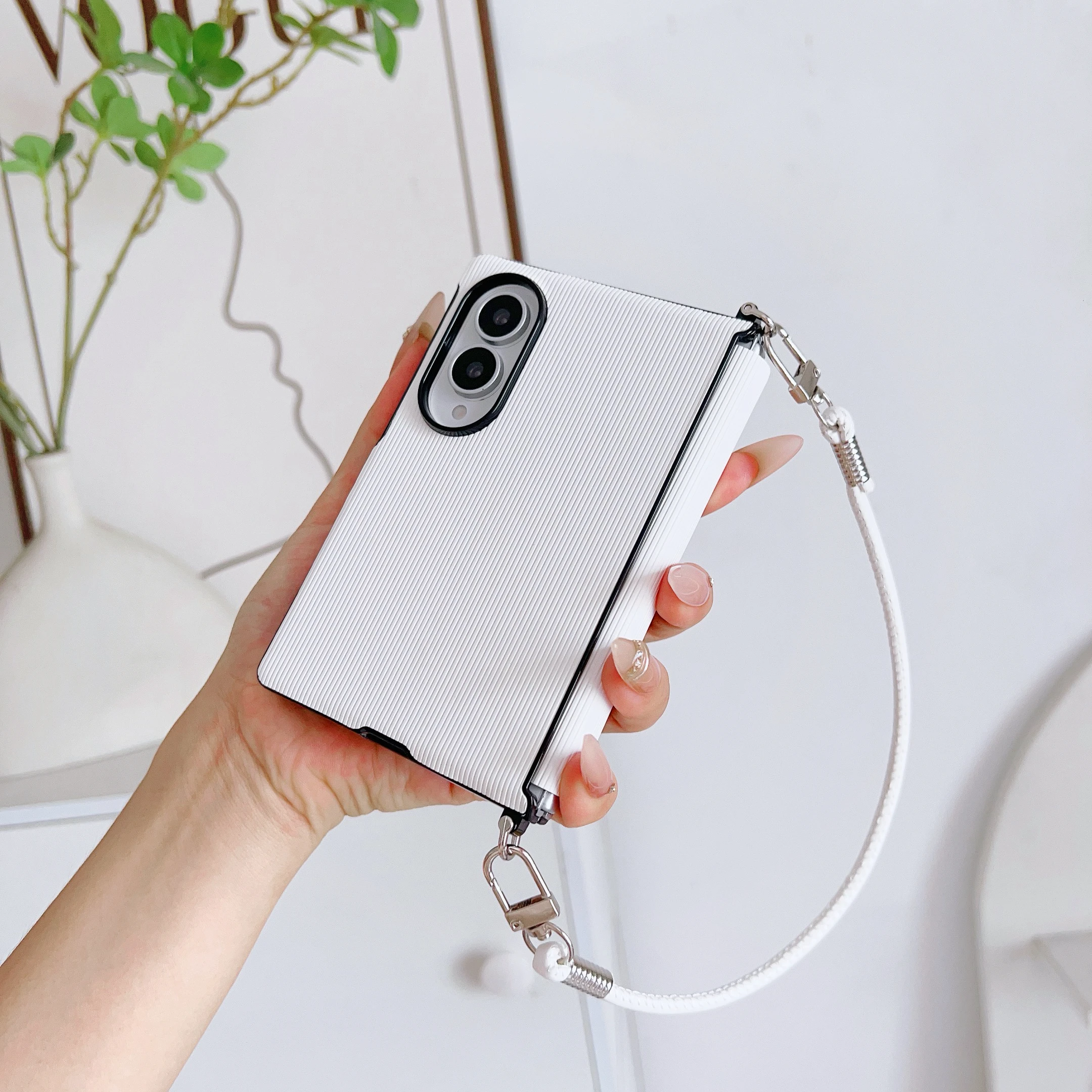 Für Samsung Galaxy Z Fold 8 Z Flip 8 7 6 5 4 PU-Lederhülle mit Zahnstochermuster und Handgelenkschlaufe, stoßfeste Rückabdeckung Funda