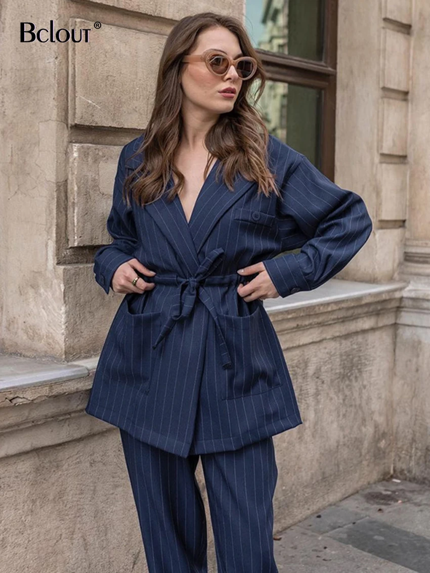 

Bclout Elegant Blue Striped Pants Sets Women 2 Pieces Autumn Office Lady Lace-Up Loose Blouses Fashion Straight Pants Suits 2023