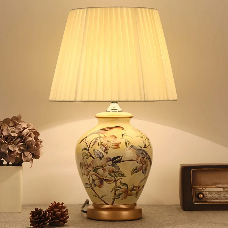 Chinese flower&bird ceramic Table Lamps Classic yellow body dimmer/touch fabric E27 LED lamp for bedside&foyer&studio WF1024