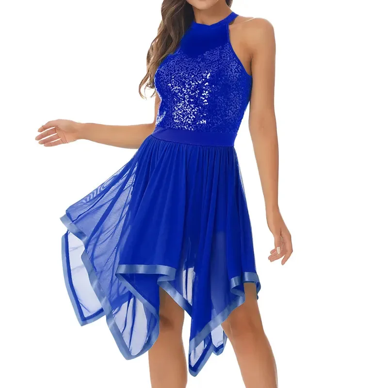 Sky01 إمرأة لامعة الترتر فستان التزلج على الجليد فستان رقص معاصر الأكاديمية غير المتكافئة شبكة الجمباز يوتار DanceSd01$