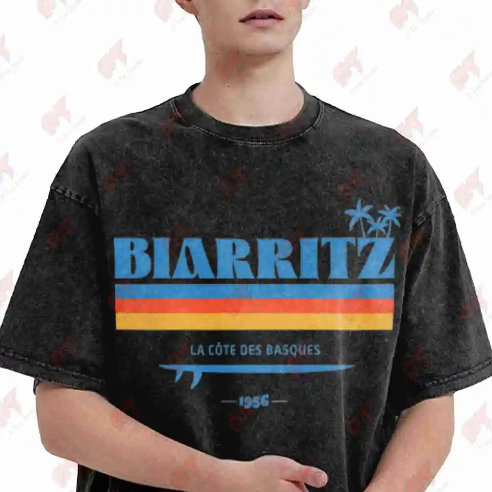 Biarritz Surfer France Basque Country Retro Surfboard Vintage Washed Tee Pure Cotton T-Shirt
