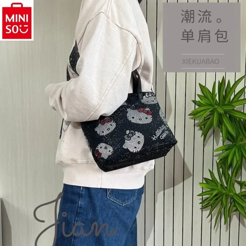 MINISO 2024 New Cartoon Hello Kitty Full Diamond Printed Shoulder Bag for Women, Large Capacity Handheld Tote Bag