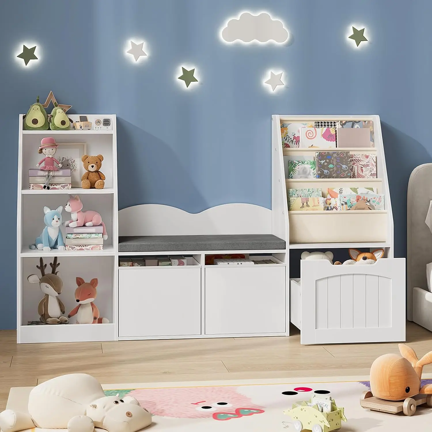 4 In 1 Kids Bookshelf Reading Nook Soft Bench Mobile Drawer Fabric Bins Storage Shelves 531 Inch White