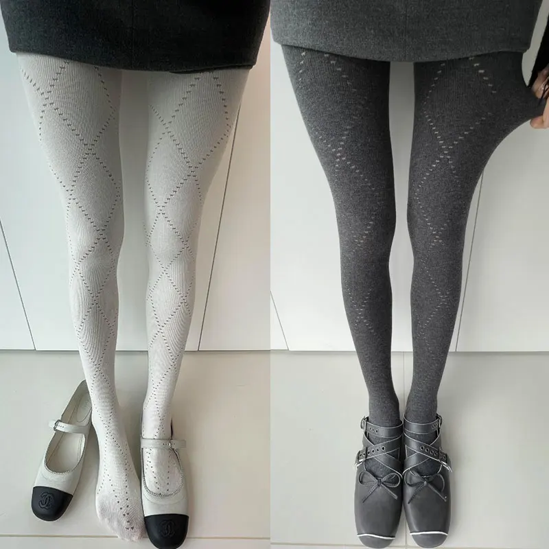 

Women Tights Grey Diamond Cut-out Leggings for Spring Cotton High Elastic Non-release Leggings Solid Color Slimming Pantyhose