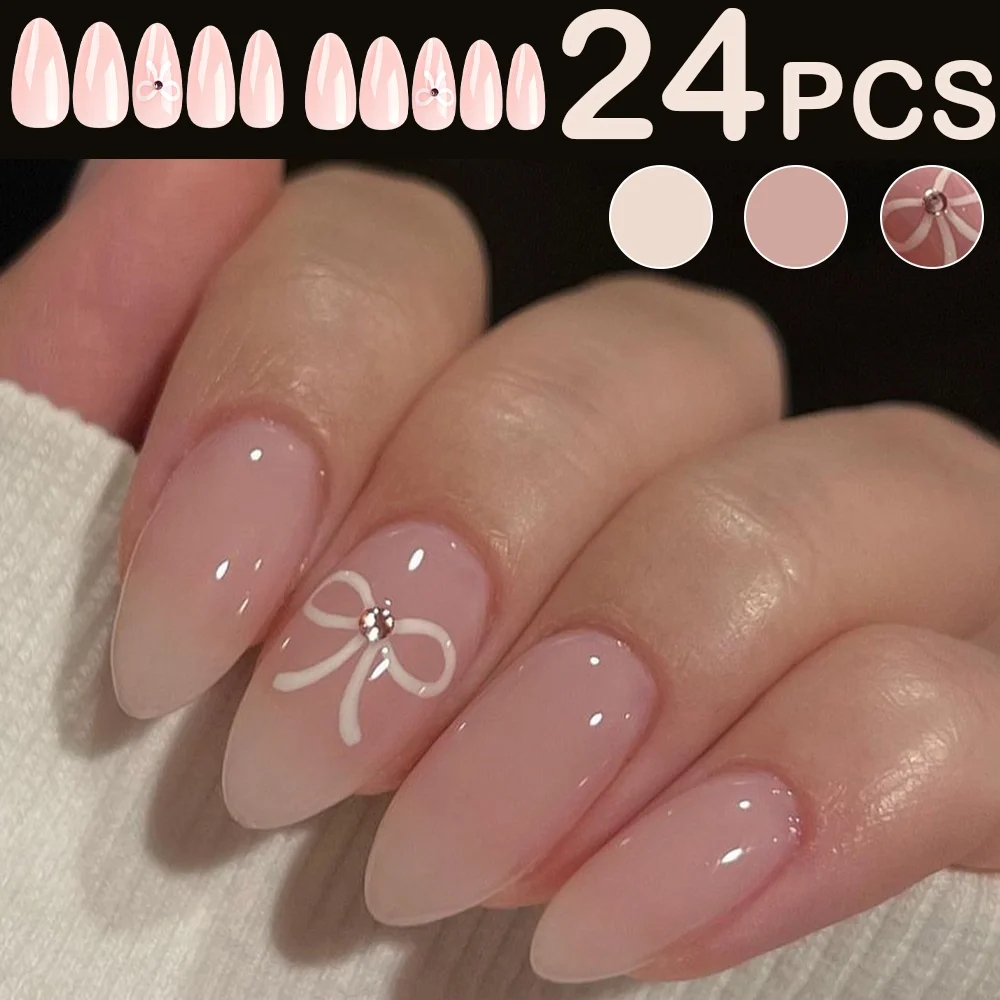 

24Pcs White Bowknot Press On Nails Transparent Pink Short Almond False Nails Gentel Office Lady Ballet Covered Nail Tips