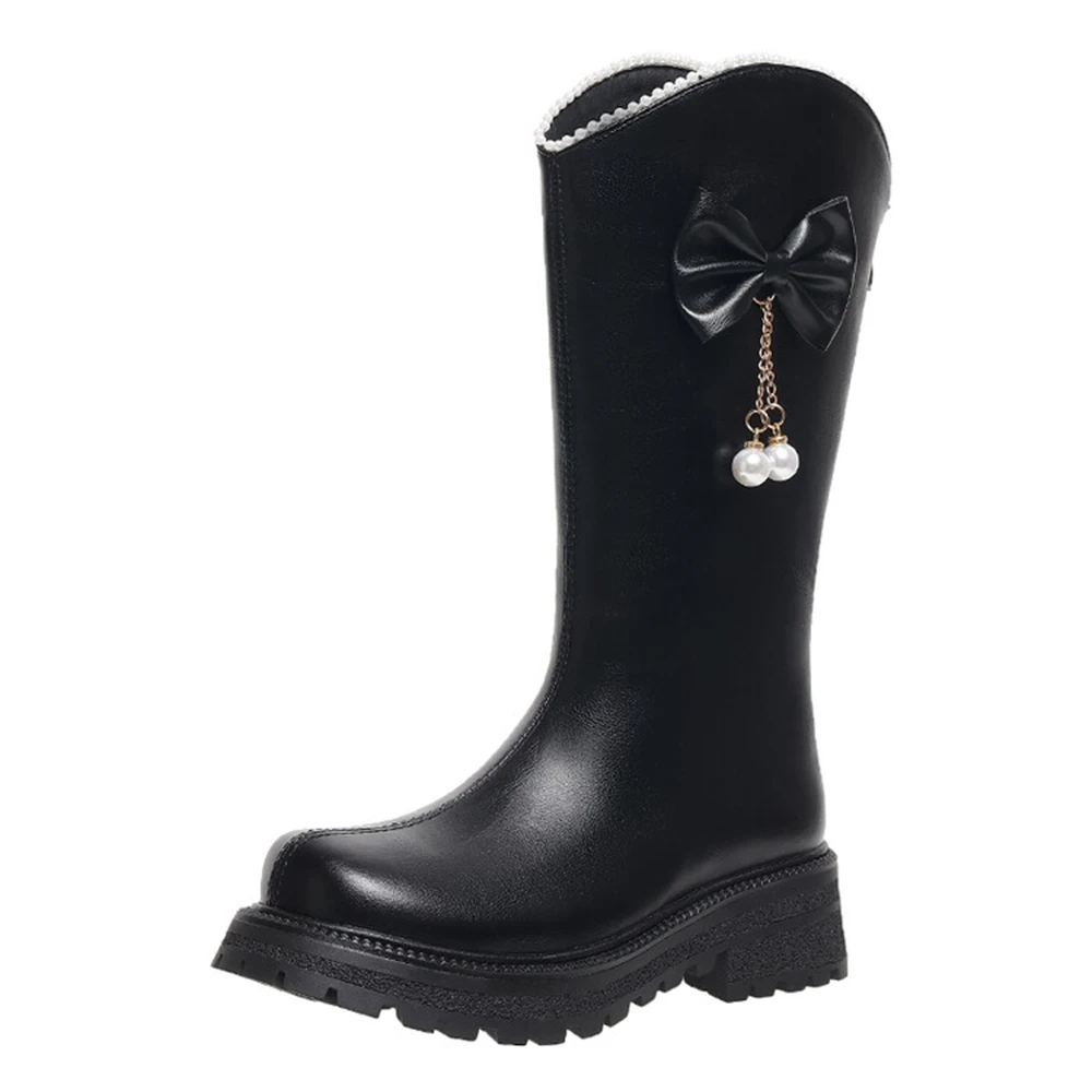 

Women Fashionable Knee High Round Toe Flanged Sole Combat Boots with Thick Midsole and Zipper Comfortable Bow Tie Boots 862-2