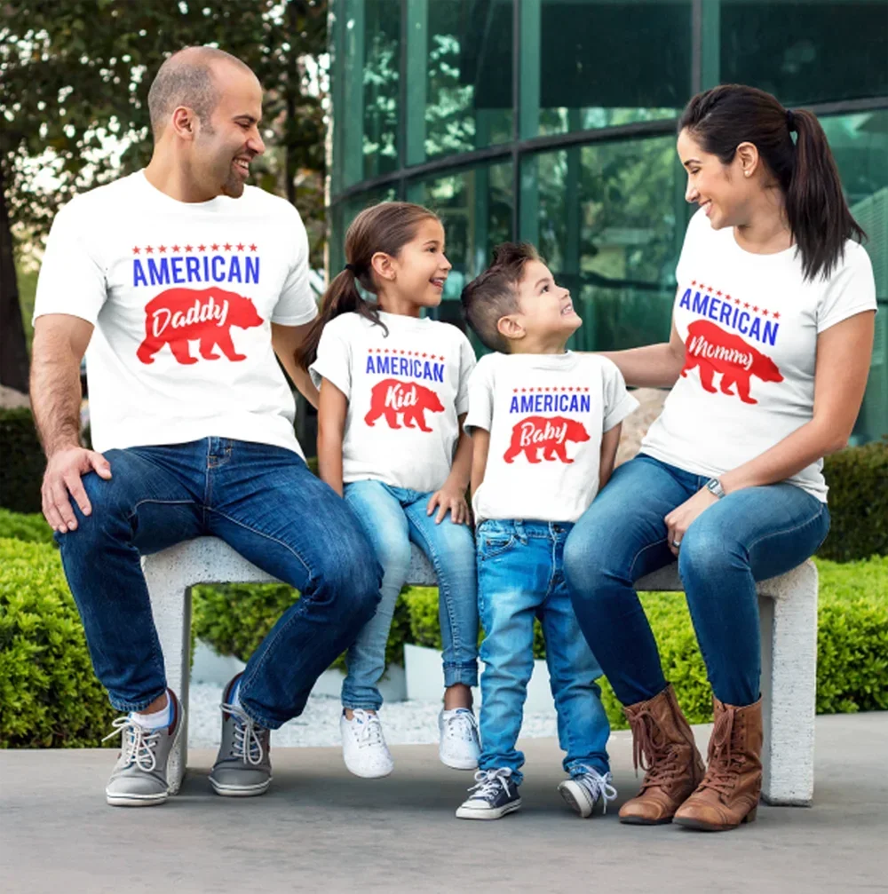 Bear American Flag T-Shirt, Family for Independence Day Shirt, 4th of July Patriotic Family Matching Outfit, Bear Family T Shirt