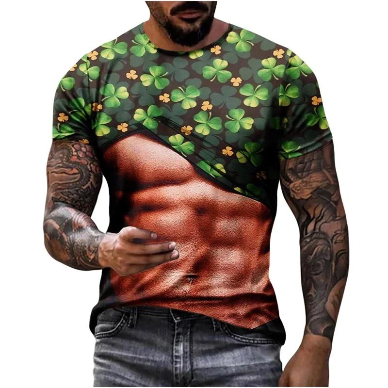 Funny St Patrick's Day Muscle Graphic T Shirt For Men 3D Ripped Abs Novelty Party Tshirts Men's Short Sleeve Crewneck Tee Shirt
