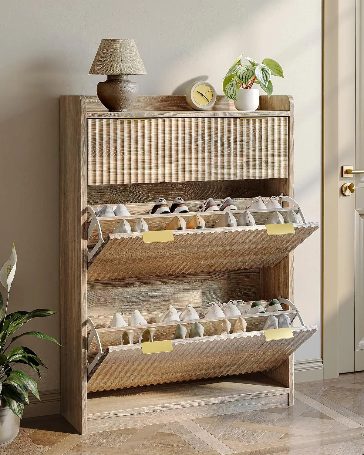 Fluted Shoe Cabinet with Drawer & Flip Storage Narrow Wooden Shoe Organizer for Entryway Living Room Bedroom 31 inch Oak Customi