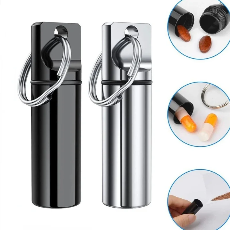 Aluminum Waterproof Pill Box Cases with Sealed Storage, Flat Head, Round Alloy Cartridge and Keychain for Vitamin Fish Oils