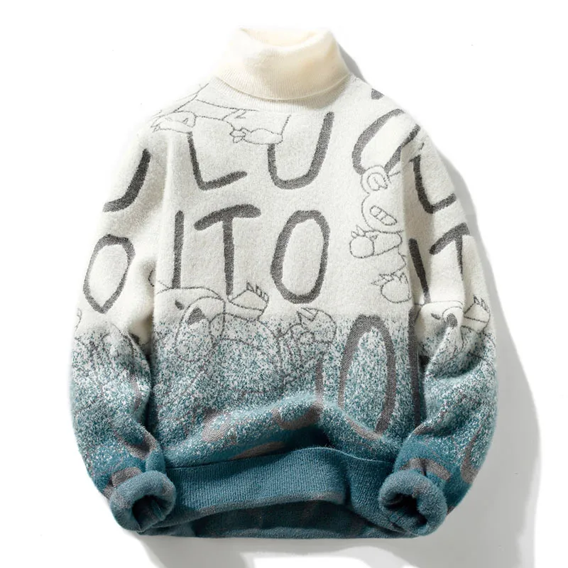 

Мужской свитер с высоким воротником, повседневный, утепленный, зимний, вязаный, модный, с буквенным принтом, свободного кроя, молодежный, с длинными рукавами