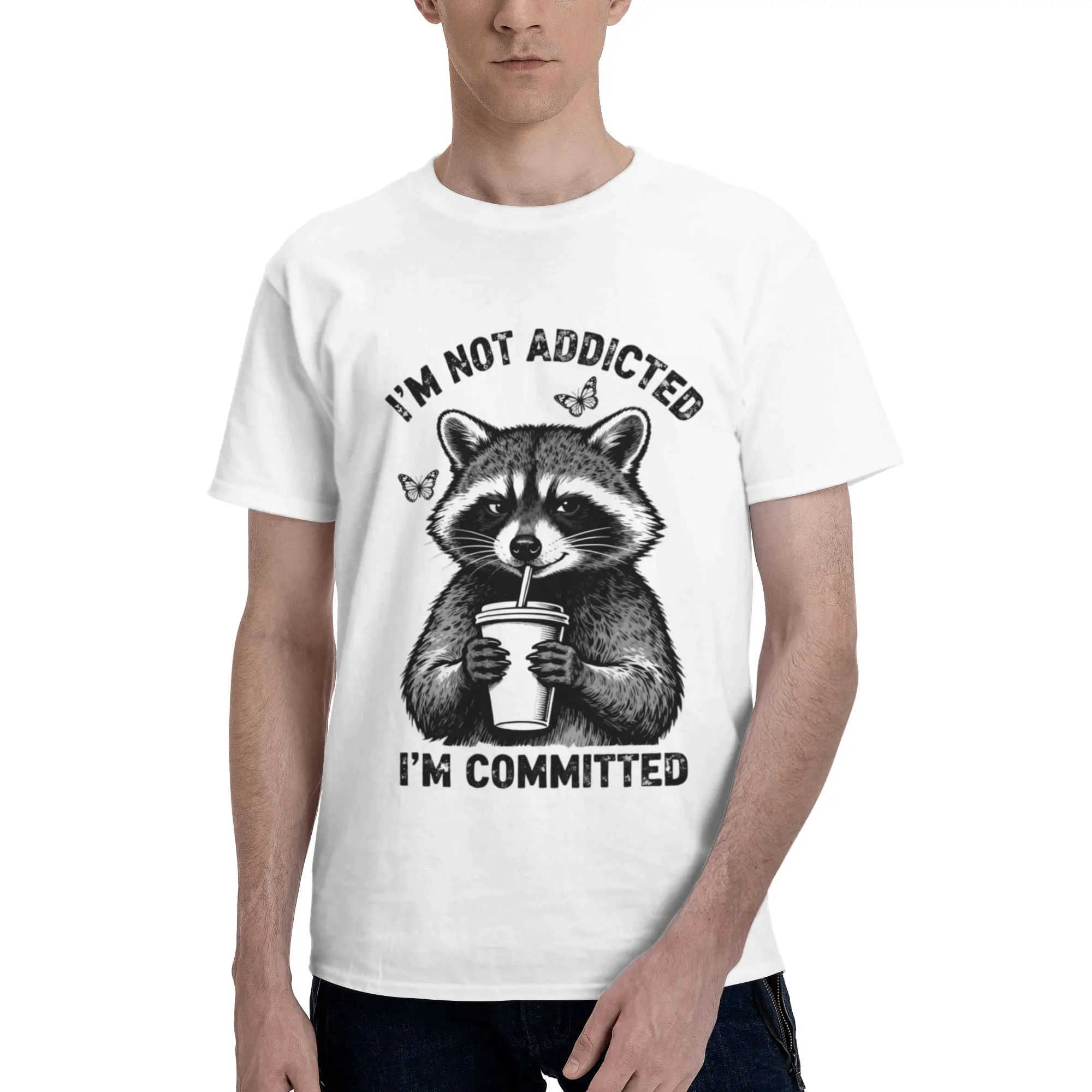 Im Committed Coffee Raccoon Butterfly Art Men's T Shirt  Casual Tee Shirt Short Sleeve Round Collar 100% Cotton Summer Clothing