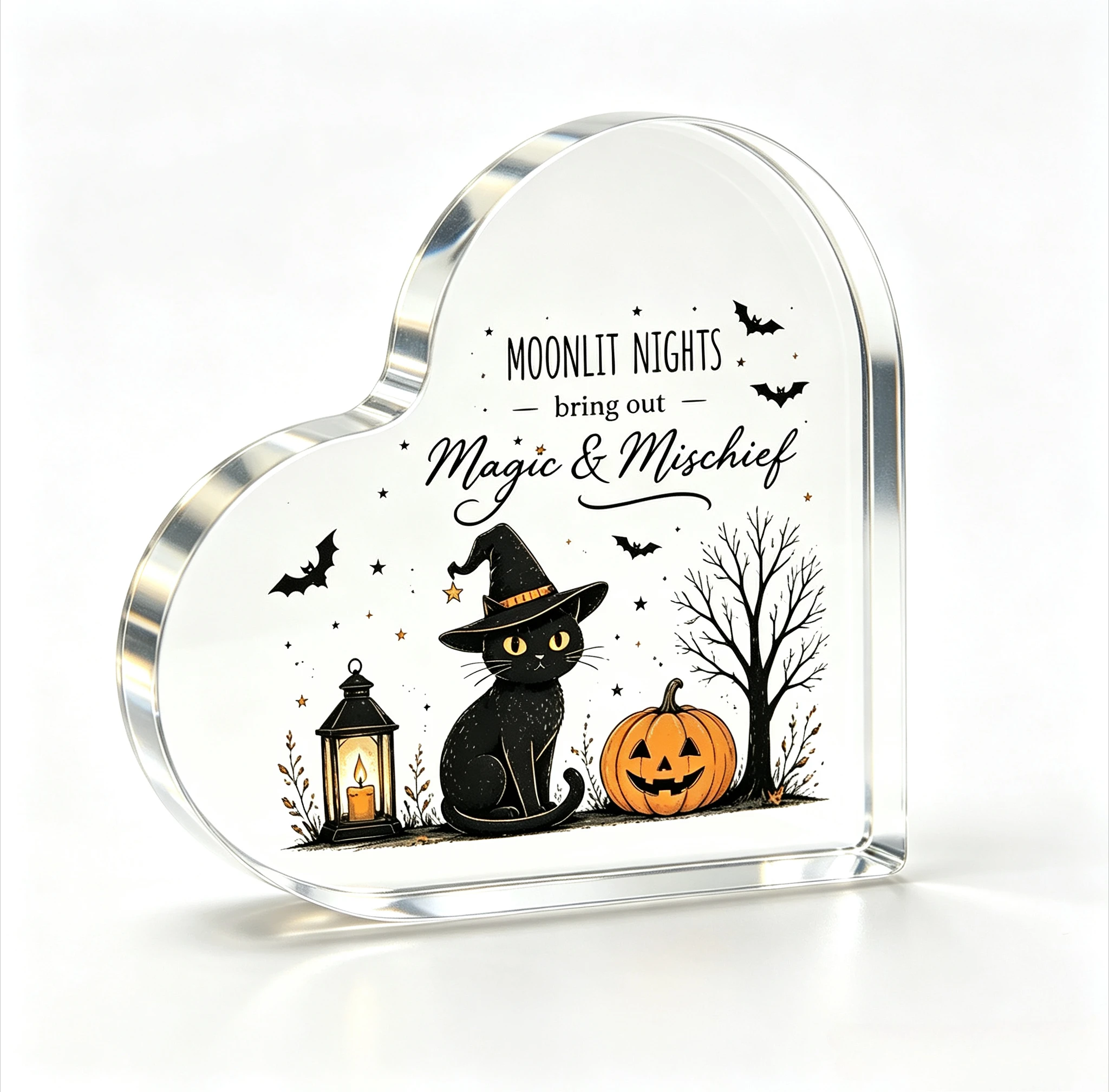 Moonlit Nights Magic & Mischief Heart‑Shaped Acrylic Plaque Black Cat Vintage Halloween Table Decor Spooky‑Season Gift