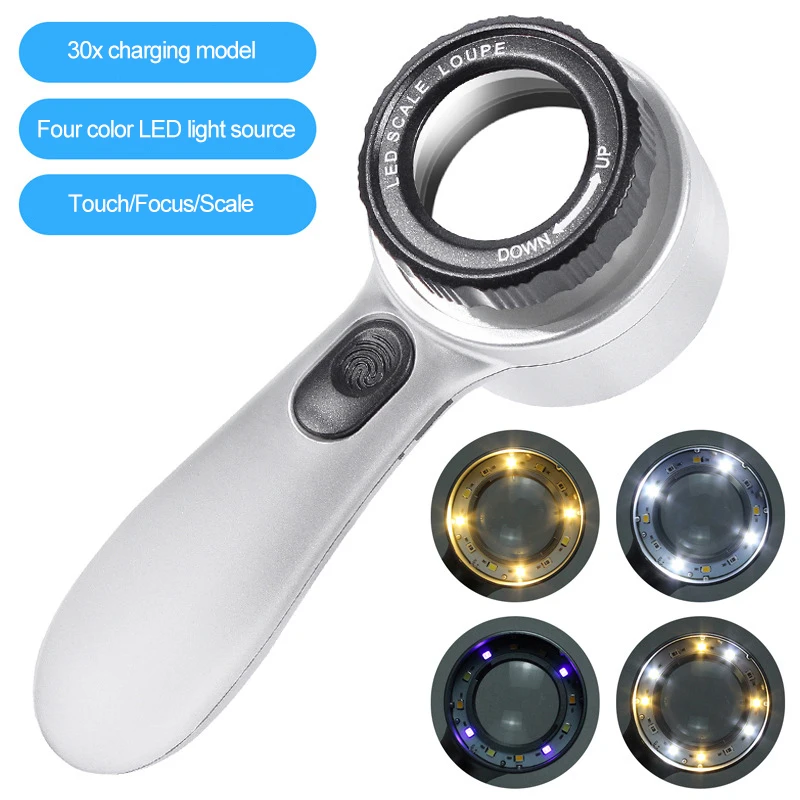 30X Handheld Magnifier 12 LED 4 Modes Illuminated Magnifying Glass USB Charging for Seniors Reading Jewelry Watch Repair Loupe