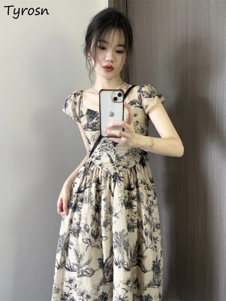 Dresses Women Elegant Attractive Chinese Style Retro Streetwear A-line Popular Holiday Mature Shirring Design Leisure Floral New