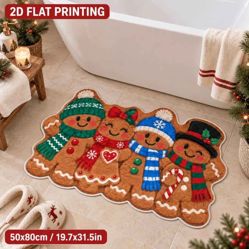 VIKAMA Four Gingerbread Men Hat Scarf Bath Mat Machine Washable Non Slip Bathroom High Traffic Modern Farmhouse Home Decor