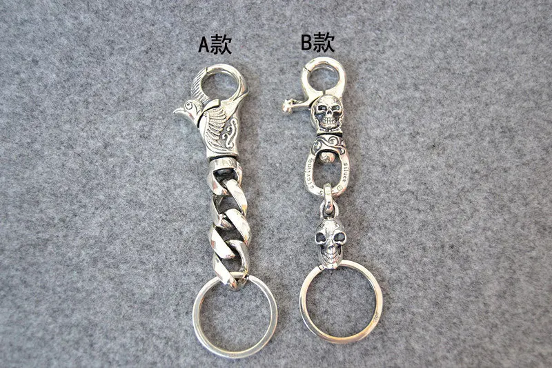 Punk trend personality high grade sterling silver car keychain Fashion Retro Thai Silver Personalized Original Skull Head Waist