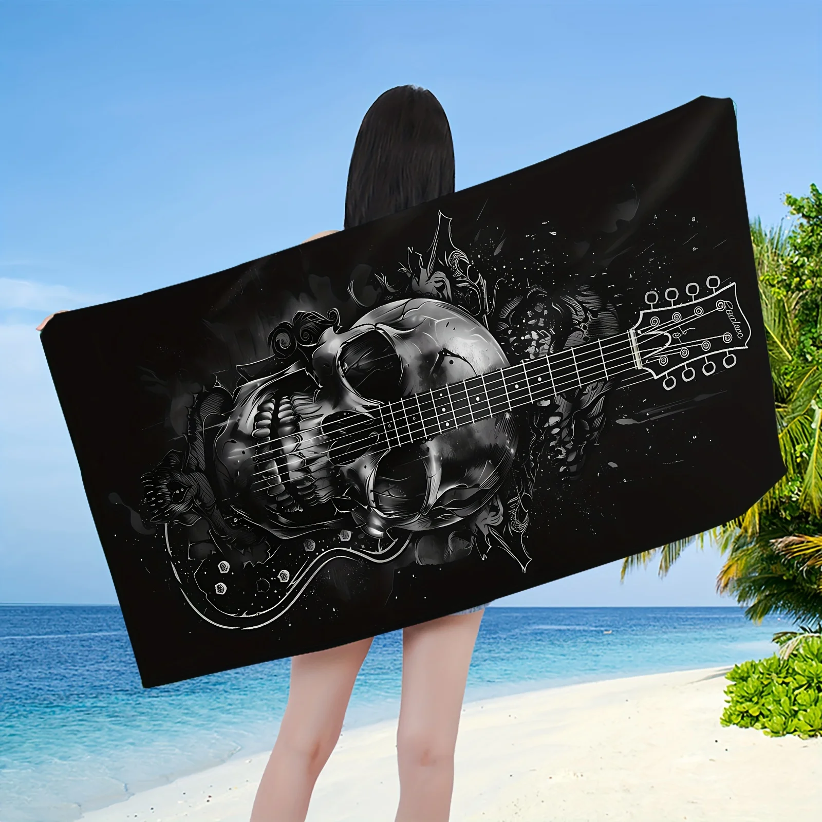 Großes Badetuch mit Totenkopf- und Gitarre – weich, saugfähig, perfekt für Zuhause und Strand, einzigartiges Gothic-Design, schnell trocknend
