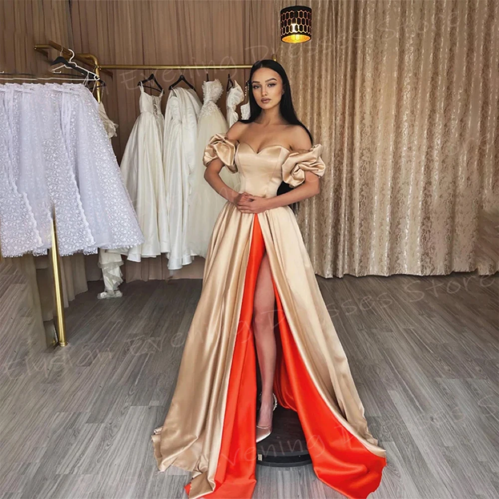 Simple A Line Satin Women's Evening Dresses Off The Shoulder Customized Prom Gowns Sleeveless Side Split فساتين سهره نسائيه فخمة