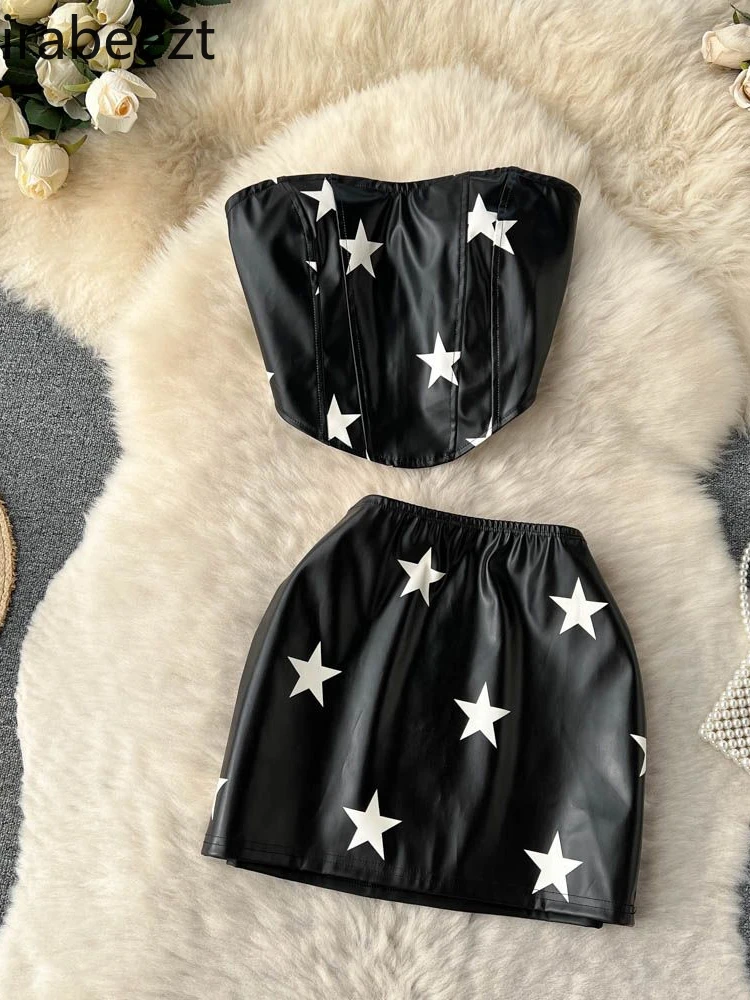 Spring and Summer New Sexy Spice Girl Style Star Print Suit Women's Short Boob Top + Buttock Skirt Two-piece Set