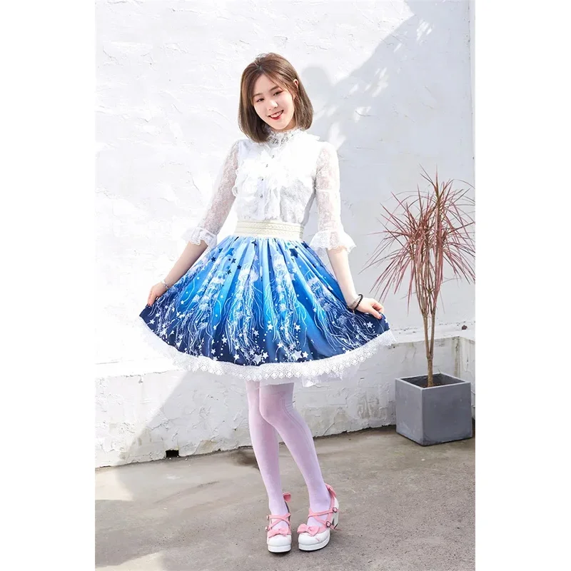 Ainclu الأصلي اليابانية لينة شقيقة الأزرق Acaleph قنديل البحر طباعة قصيرة الدانتيل الأميرة مطوي لوليتا تنورة هدية Soc if;3 #5